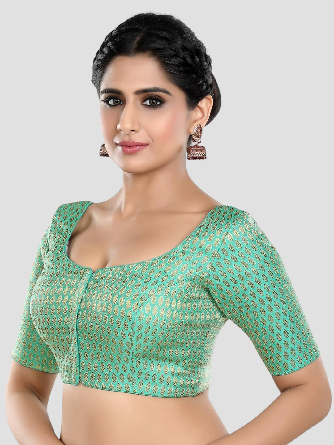 Pista Green Brocade Round Neck Half Sleeves Readymade Blouse