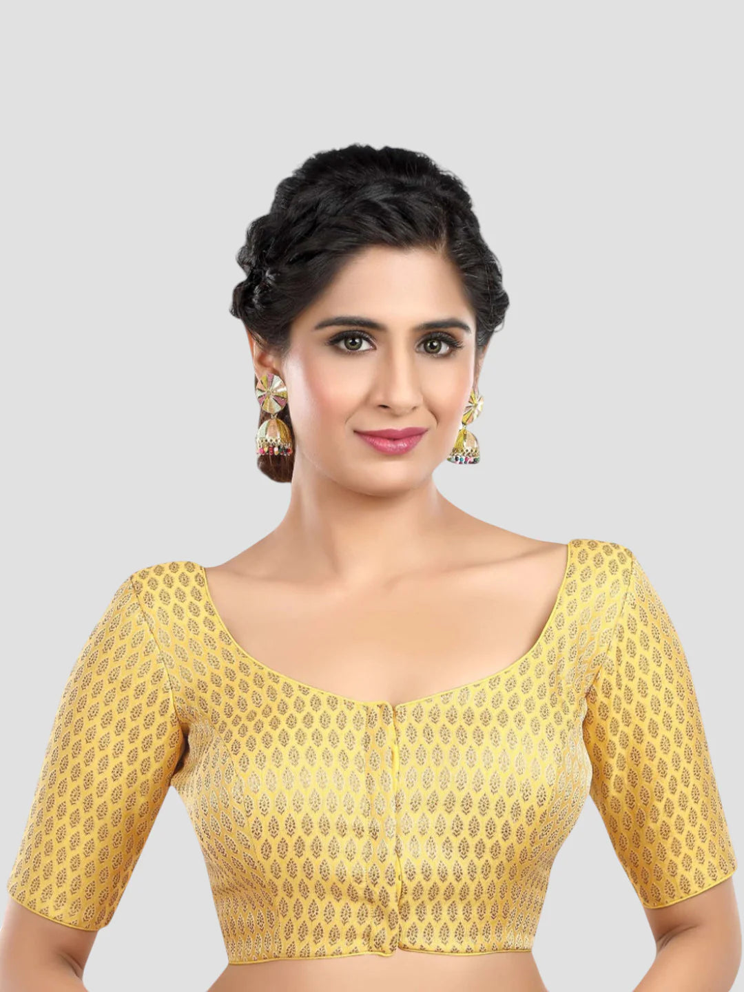 Yellow Brocade Round Neck Half Sleeves Readymade Blouse