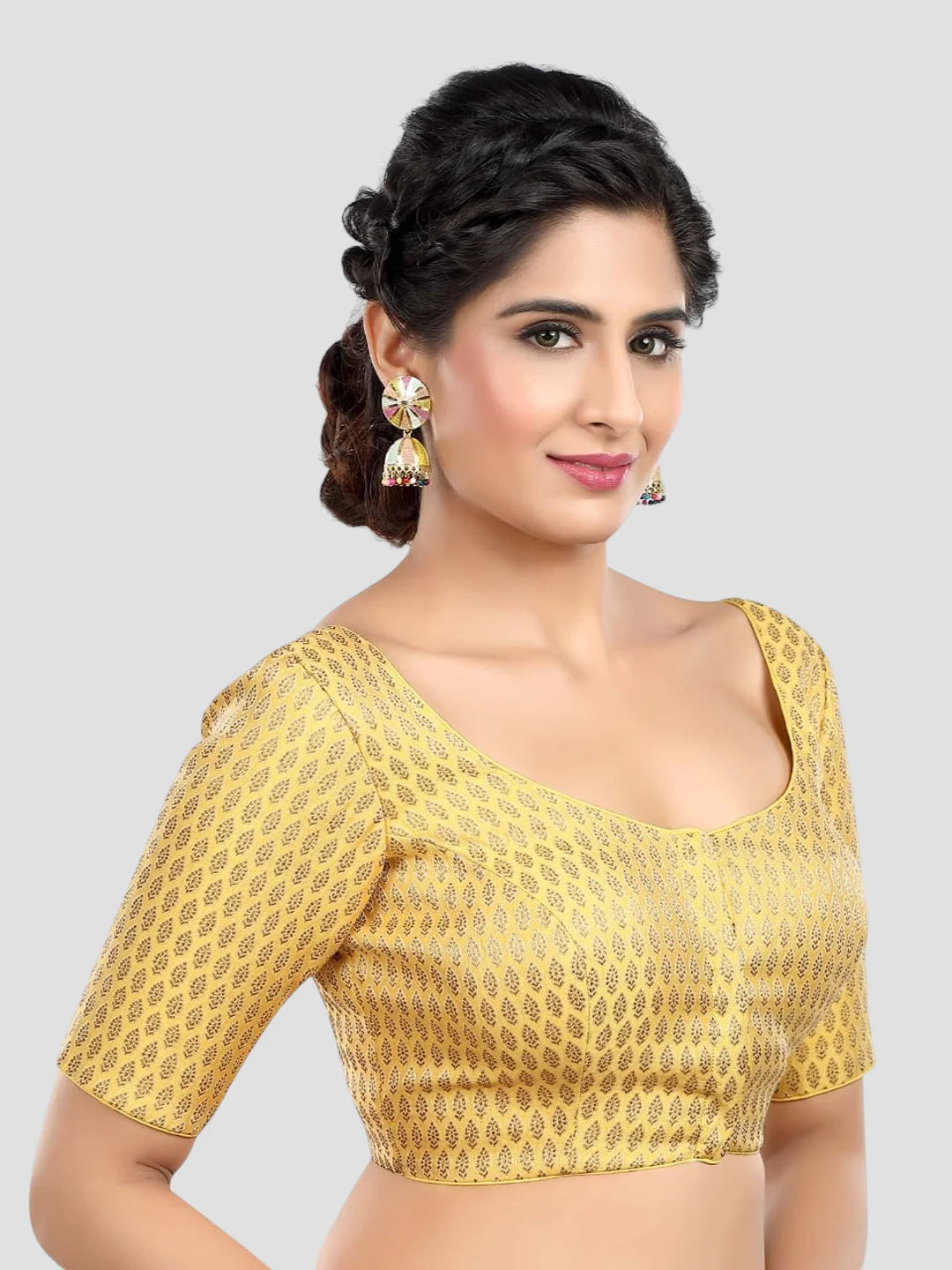 Yellow Brocade Round Neck Half Sleeves Readymade Blouse