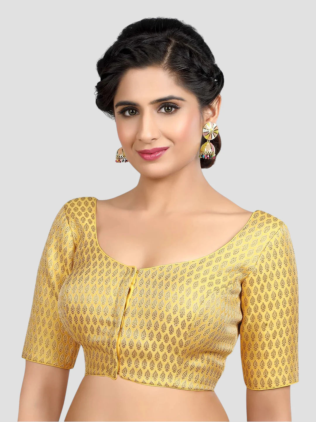 Yellow Brocade Round Neck Half Sleeves Readymade Blouse