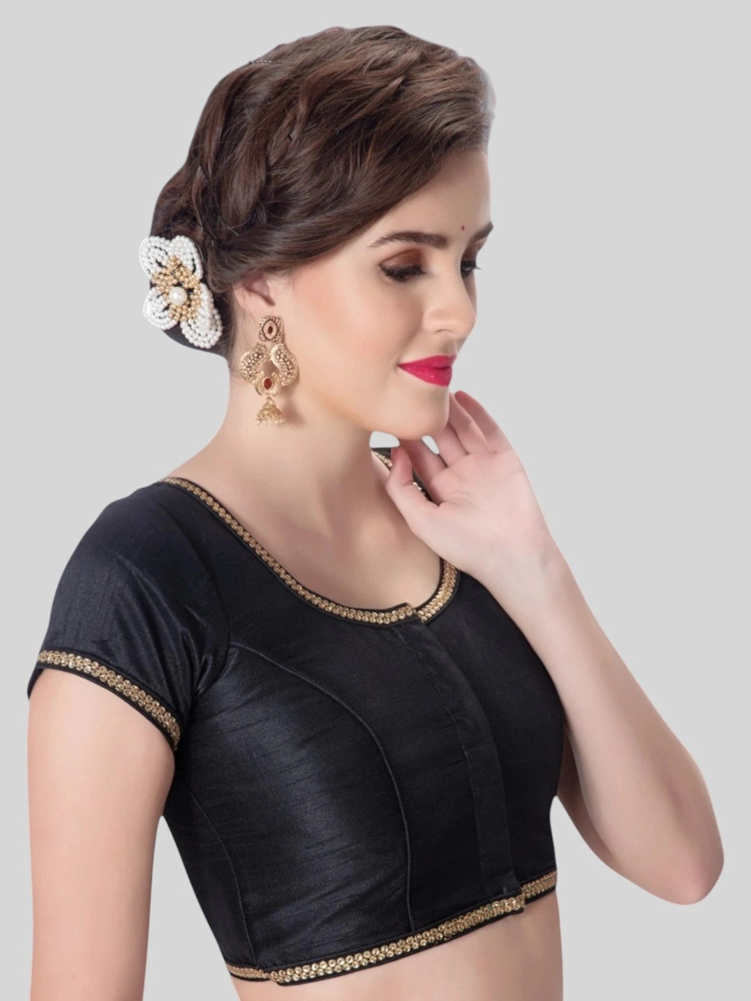 Black Silk Round Neck Short Sleeves Readymade Blouse