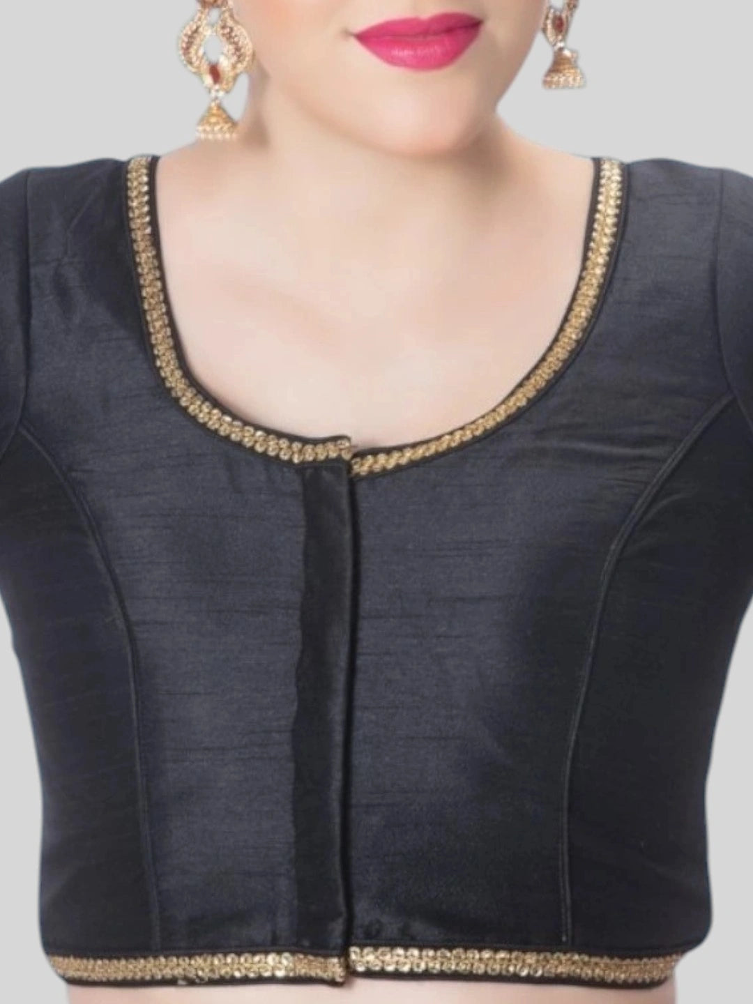 Black Silk Round Neck Short Sleeves Readymade Blouse
