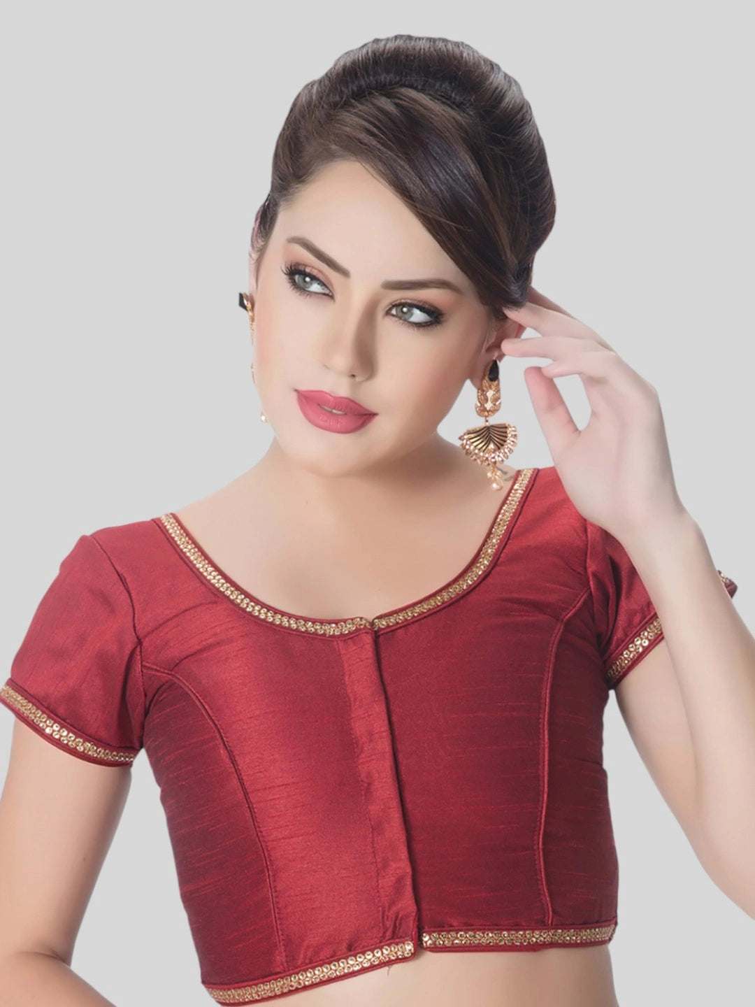 Maroon Silk Round Neck Short Sleeves Readymade Blouse