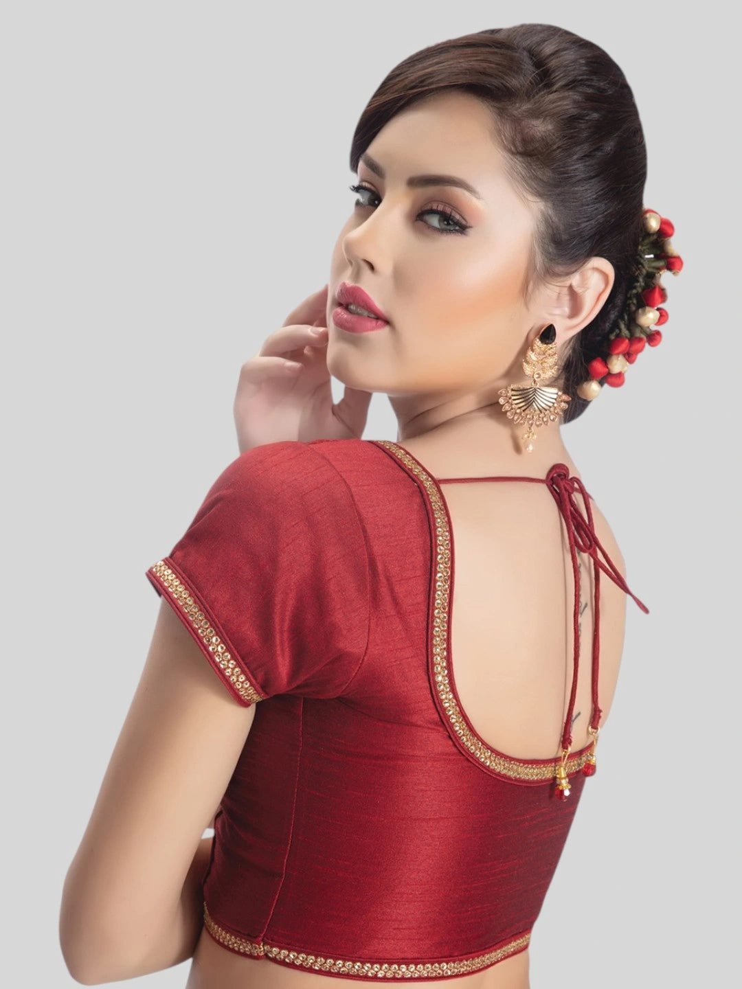 Maroon Silk Round Neck Short Sleeves Readymade Blouse