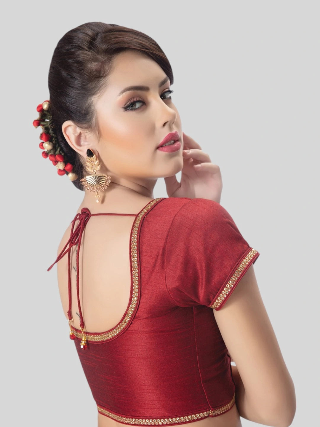 Maroon Silk Round Neck Short Sleeves Readymade Blouse