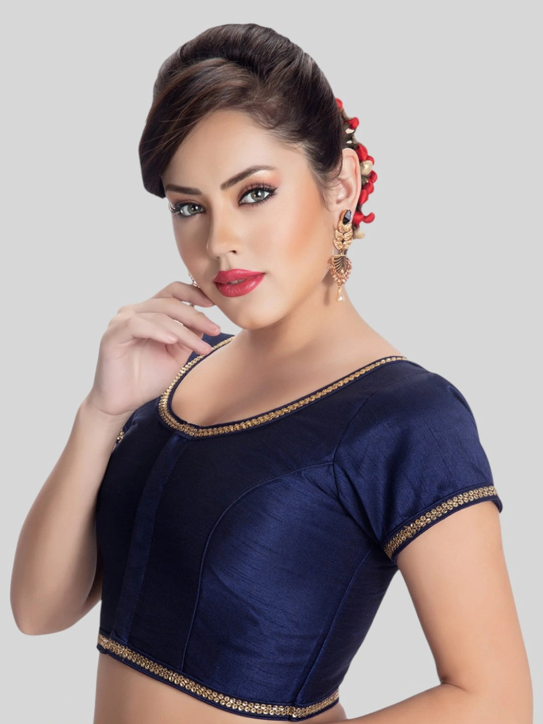 Black Silk Round Neck Short Sleeves Readymade Blouse