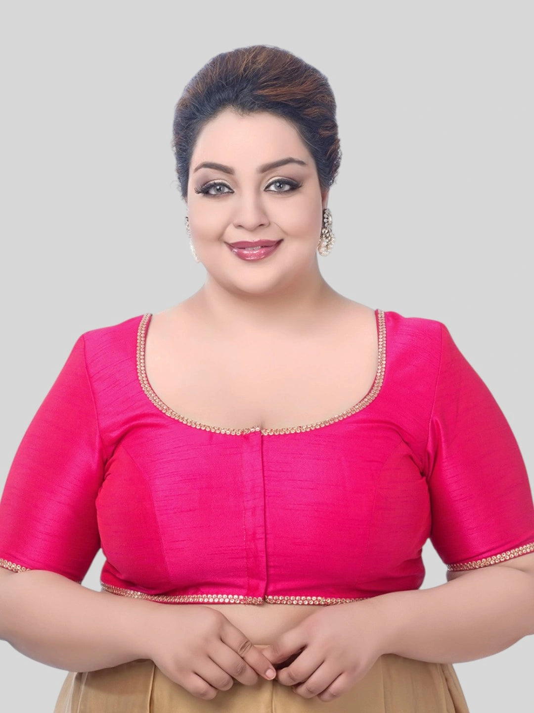 Rani Pink Silk Round Neck Short Sleeves Readymade Blouse