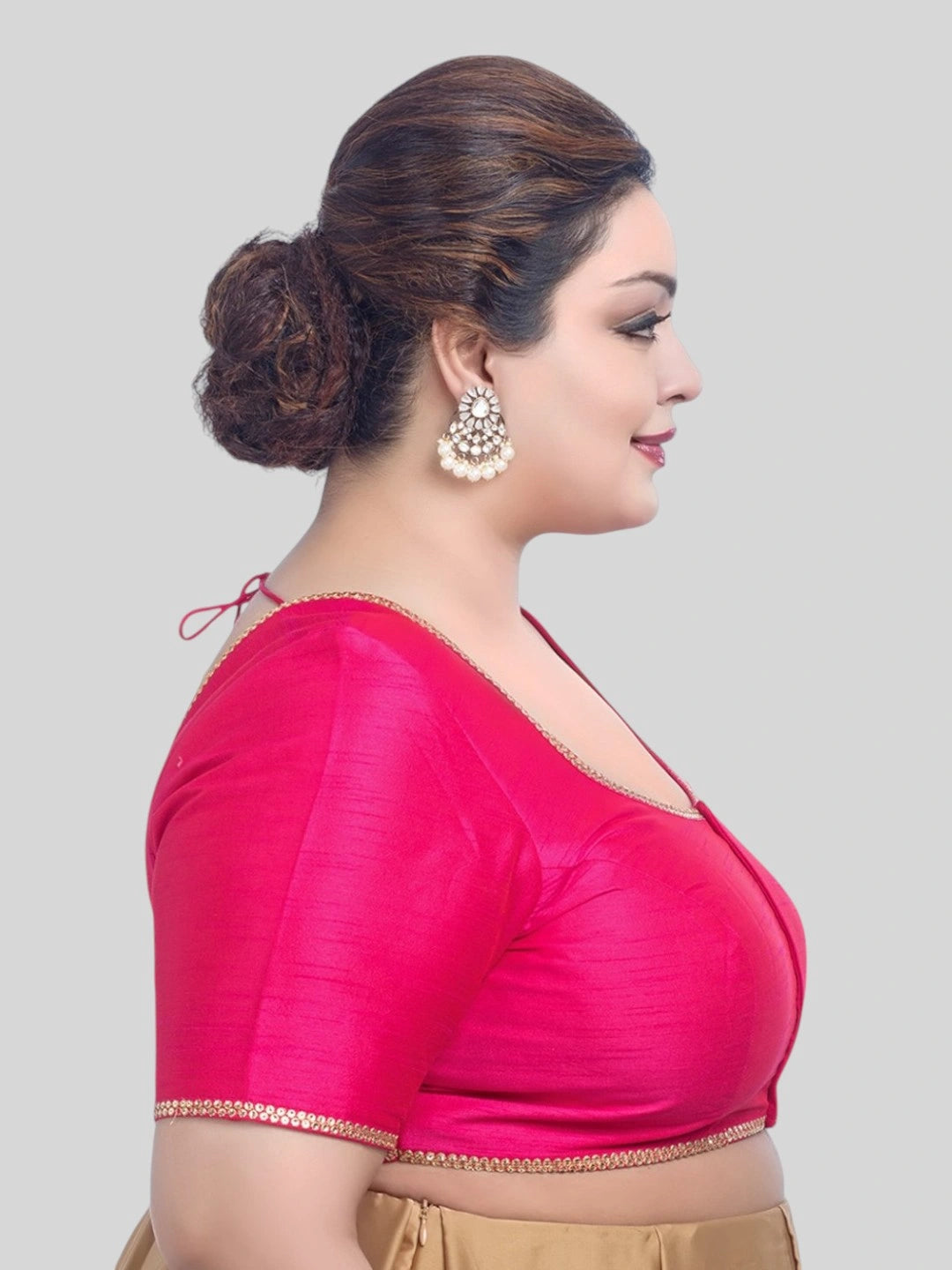 Rani Pink Silk Round Neck Short Sleeves Readymade Blouse