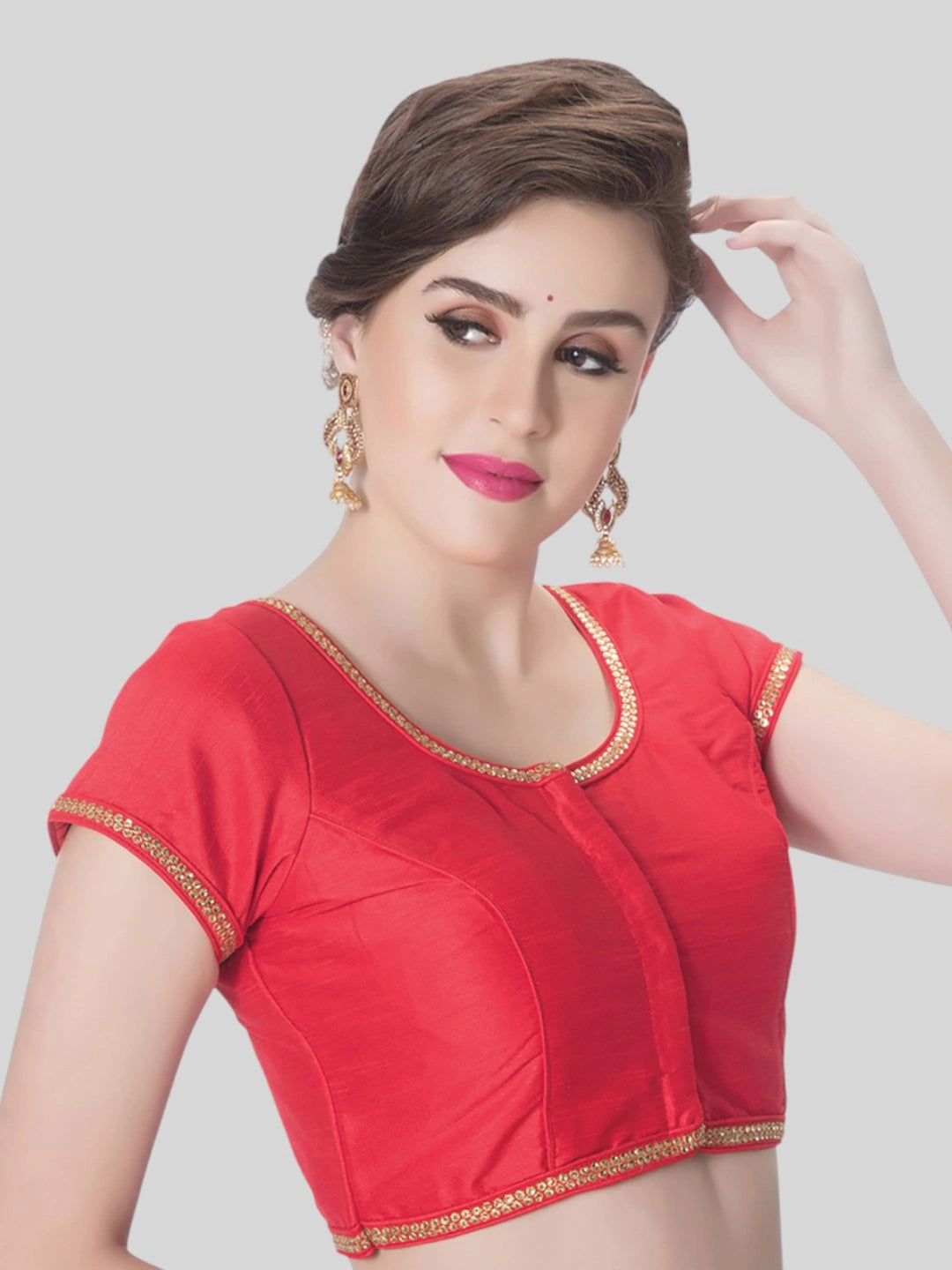 Red Silk Round Neck Short Sleeves Readymade Blouse