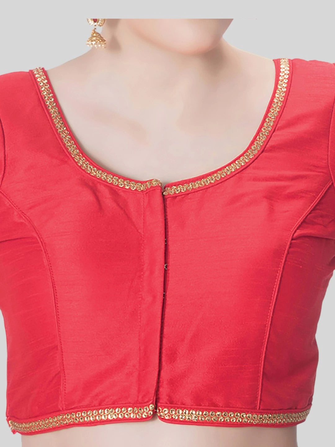 Red Silk Round Neck Short Sleeves Readymade Blouse