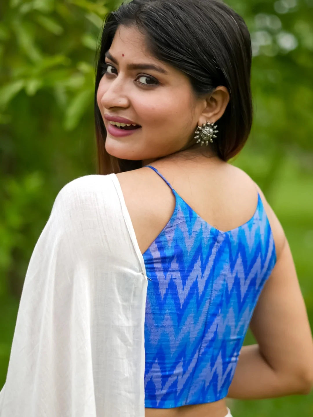 Blue Ikkat Print Round Neck Sleeveless Readymade Blouse