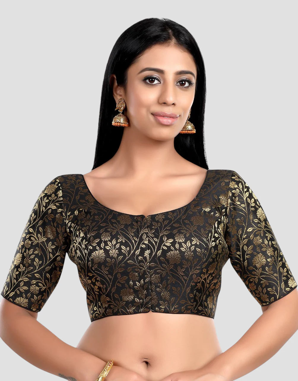 Black Floral Print Brocade U Neck Half Sleeves Readymade Blouse