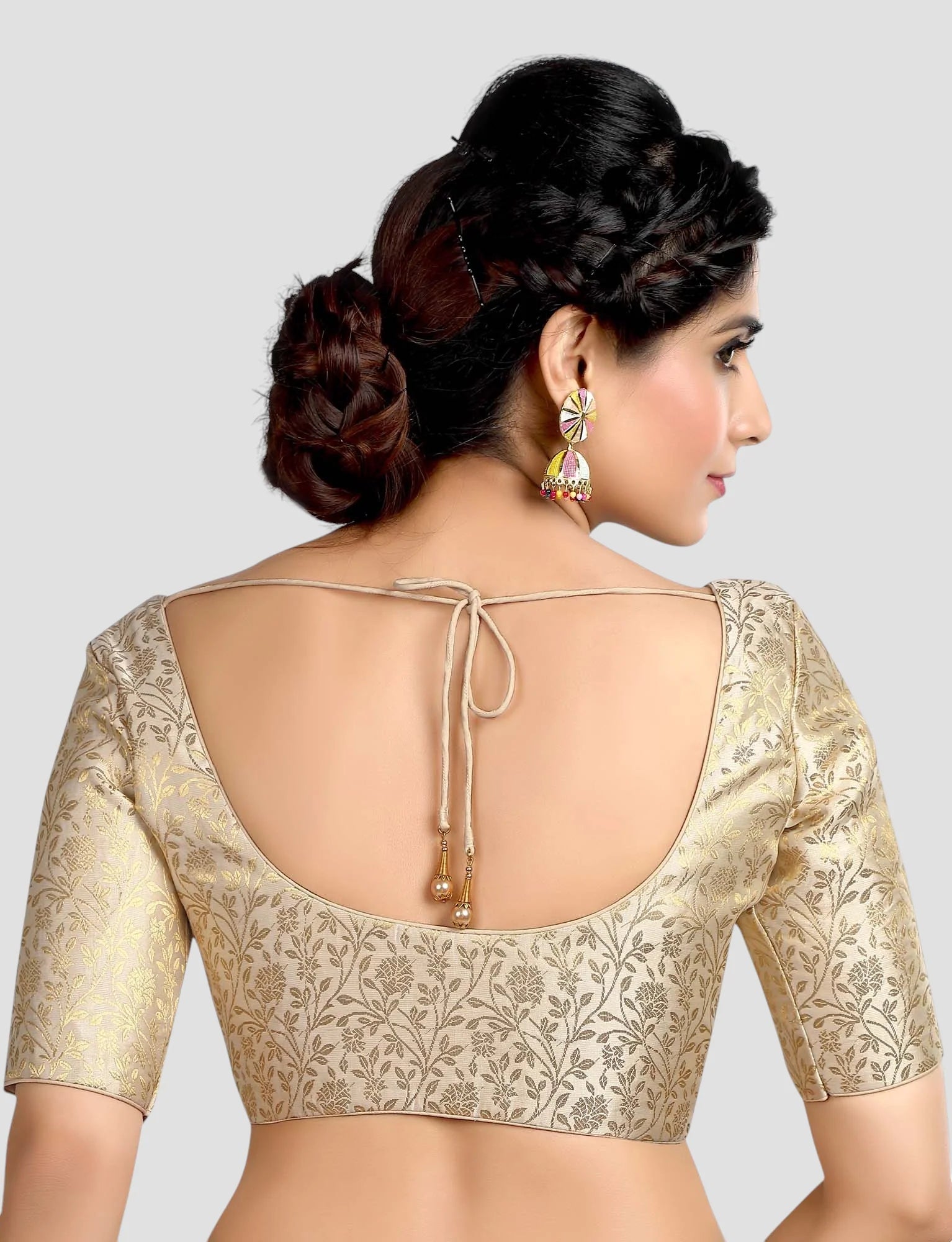 Cream Floral Print Brocade U Neck Half Sleeves Readymade Blouse