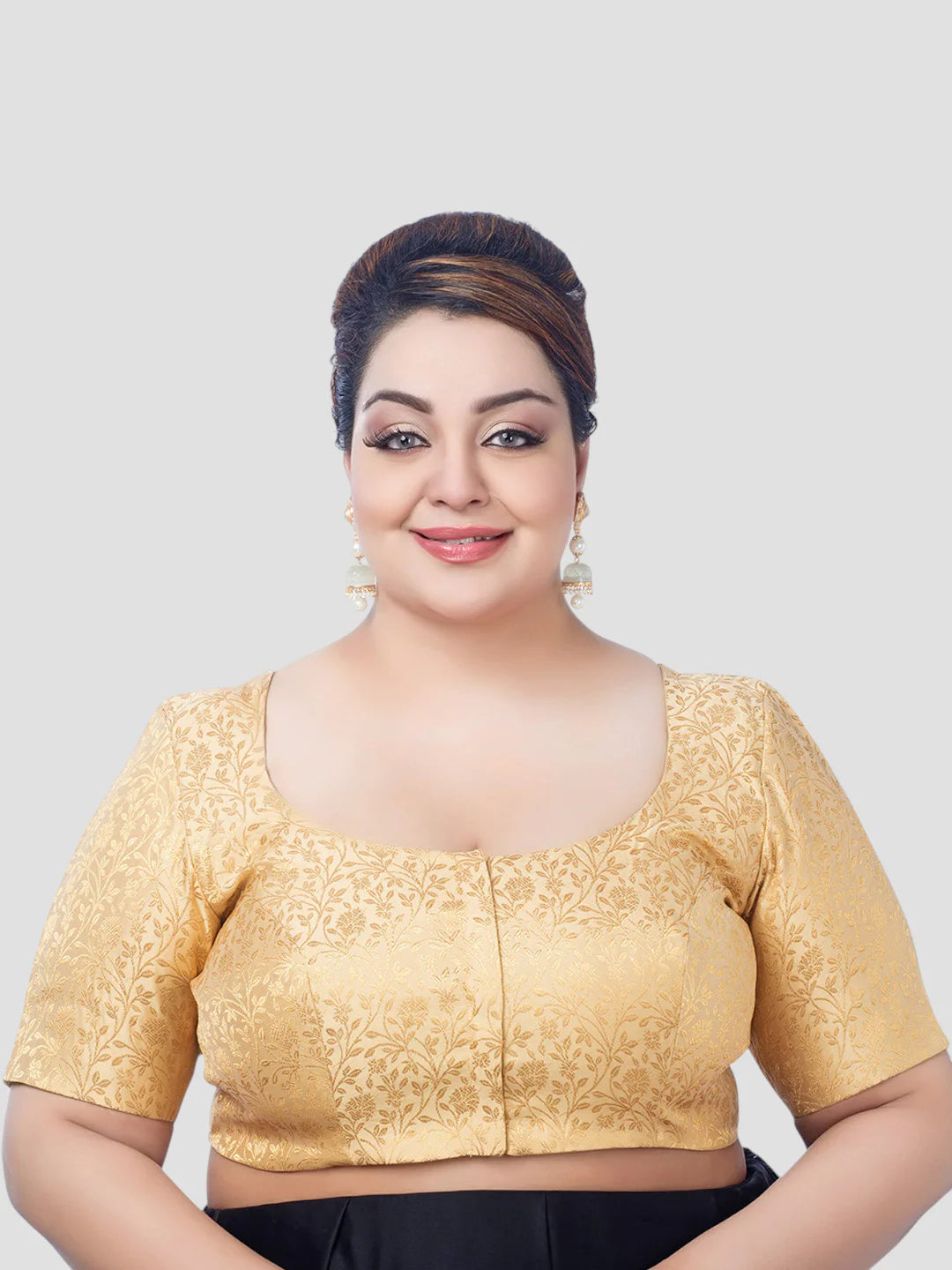 Gold Floral Print Brocade U Neck Half Sleeves Readymade Blouse