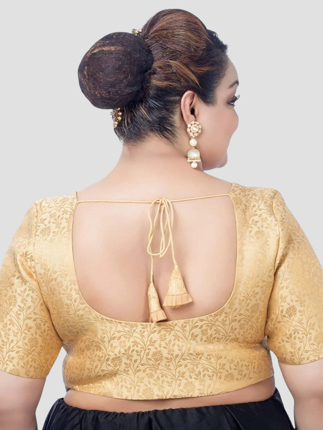 Gold Floral Print Brocade U Neck Half Sleeves Readymade Blouse