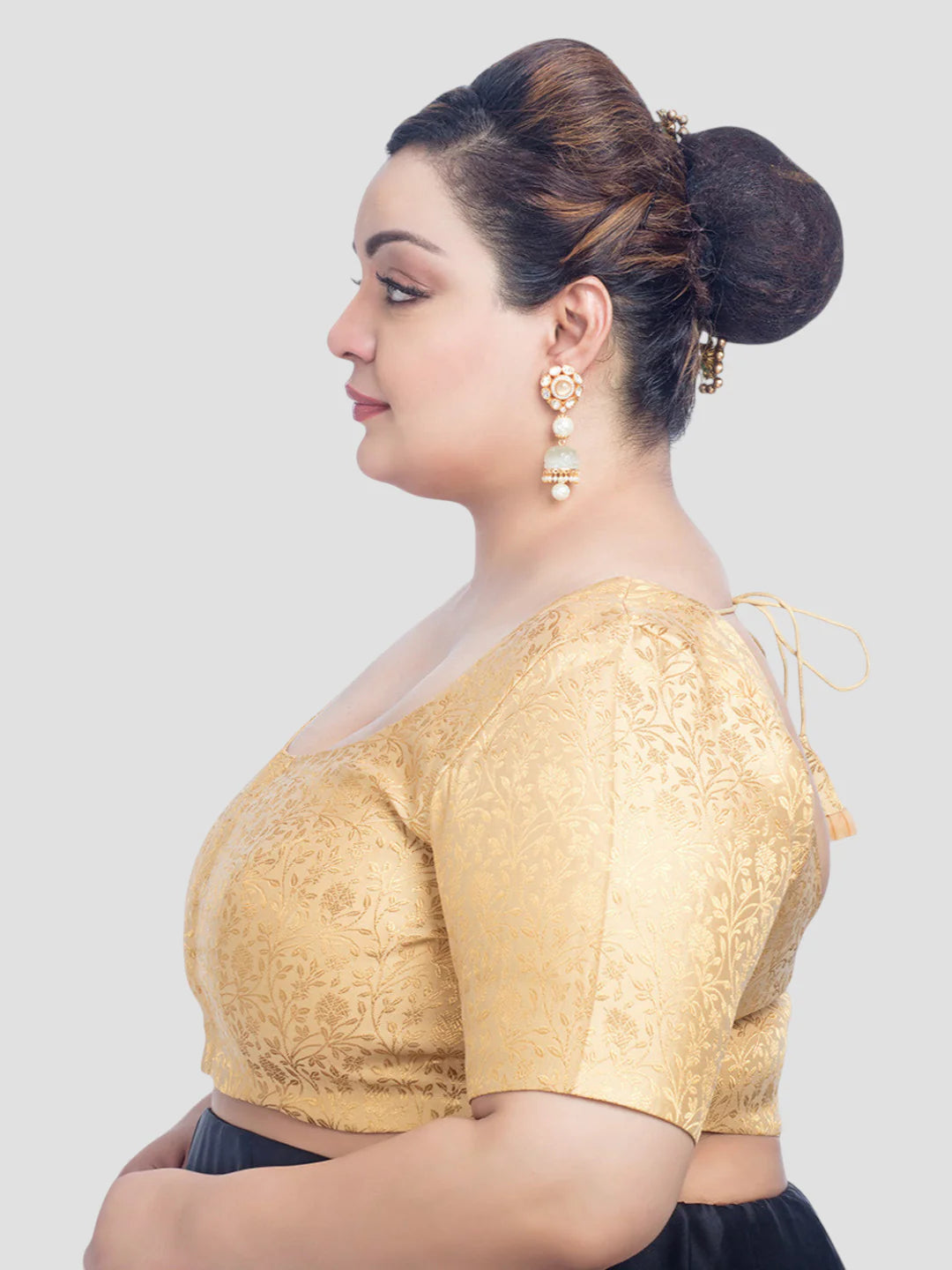 Gold Floral Print Brocade U Neck Half Sleeves Readymade Blouse