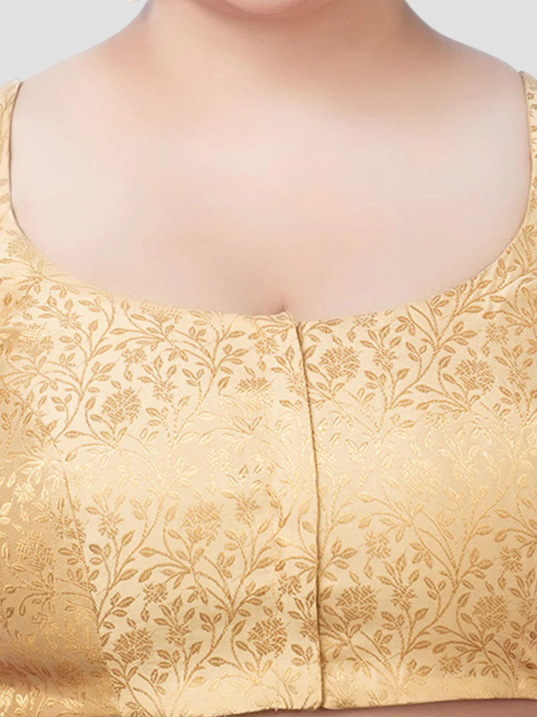 Gold Floral Print Brocade U Neck Half Sleeves Readymade Blouse