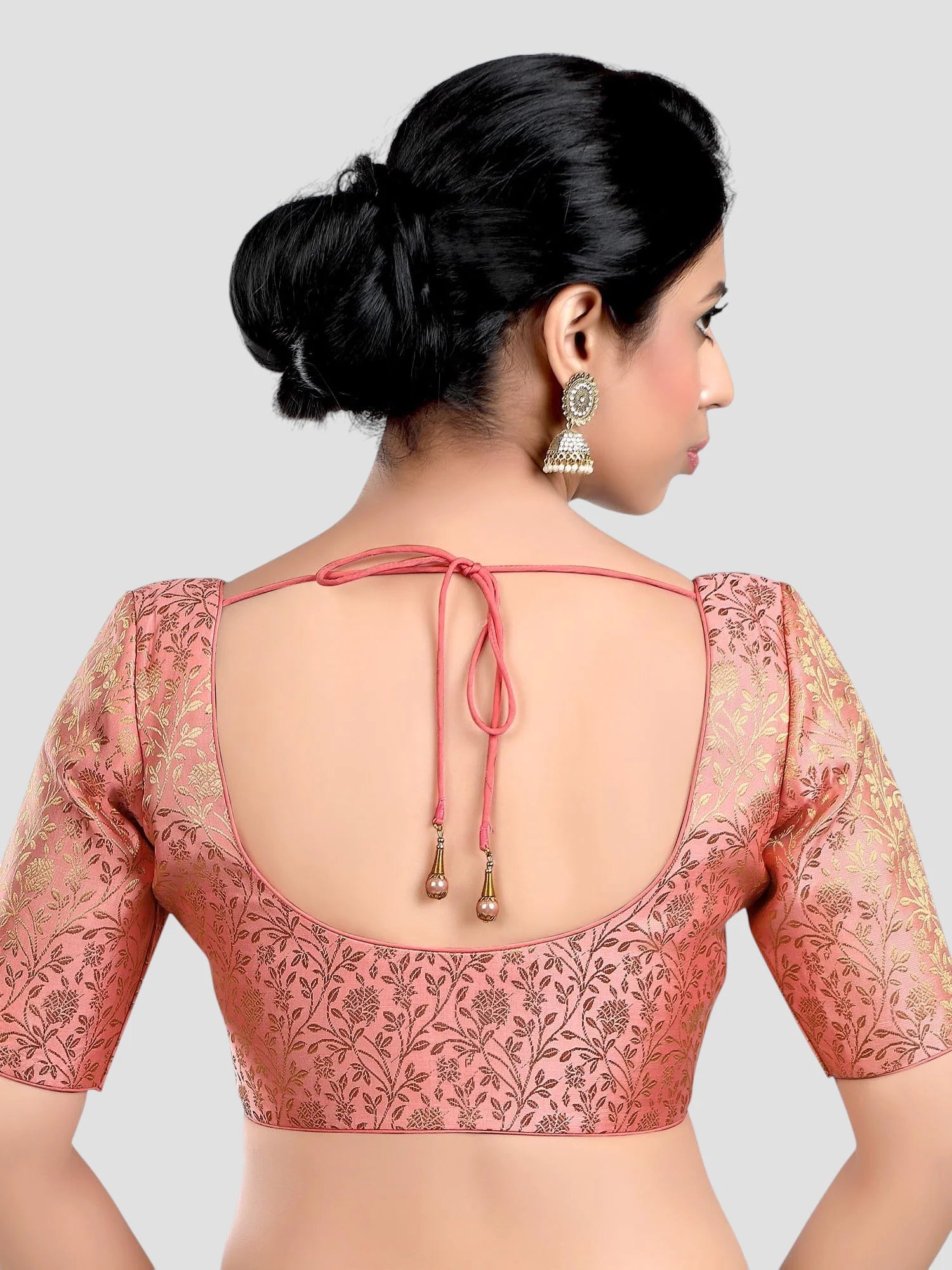 Peach Floral Print Brocade U Neck Half Sleeves Readymade Blouse