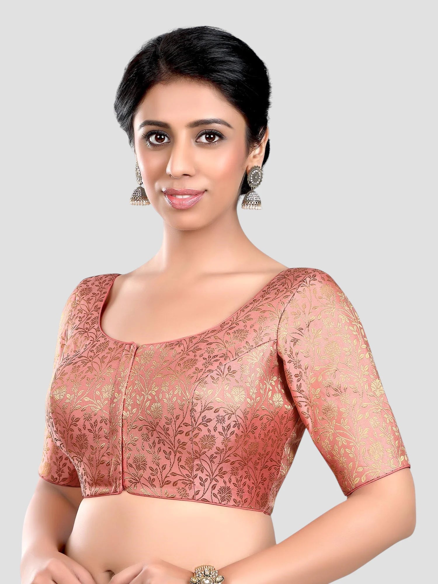 Peach Floral Print Brocade U Neck Half Sleeves Readymade Blouse