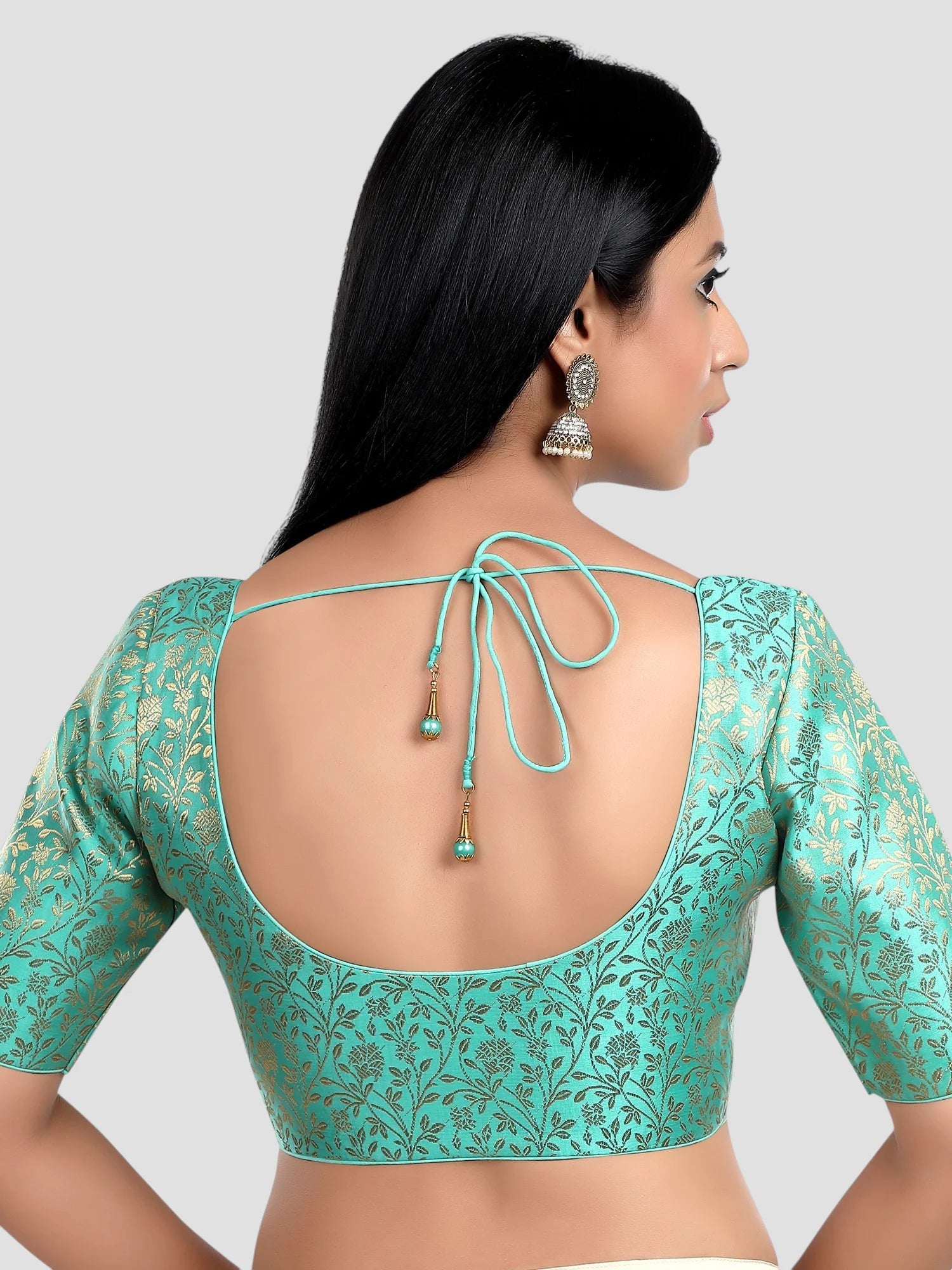 Pista Green Floral Print Brocade U Neck Half Sleeves Readymade Blouse