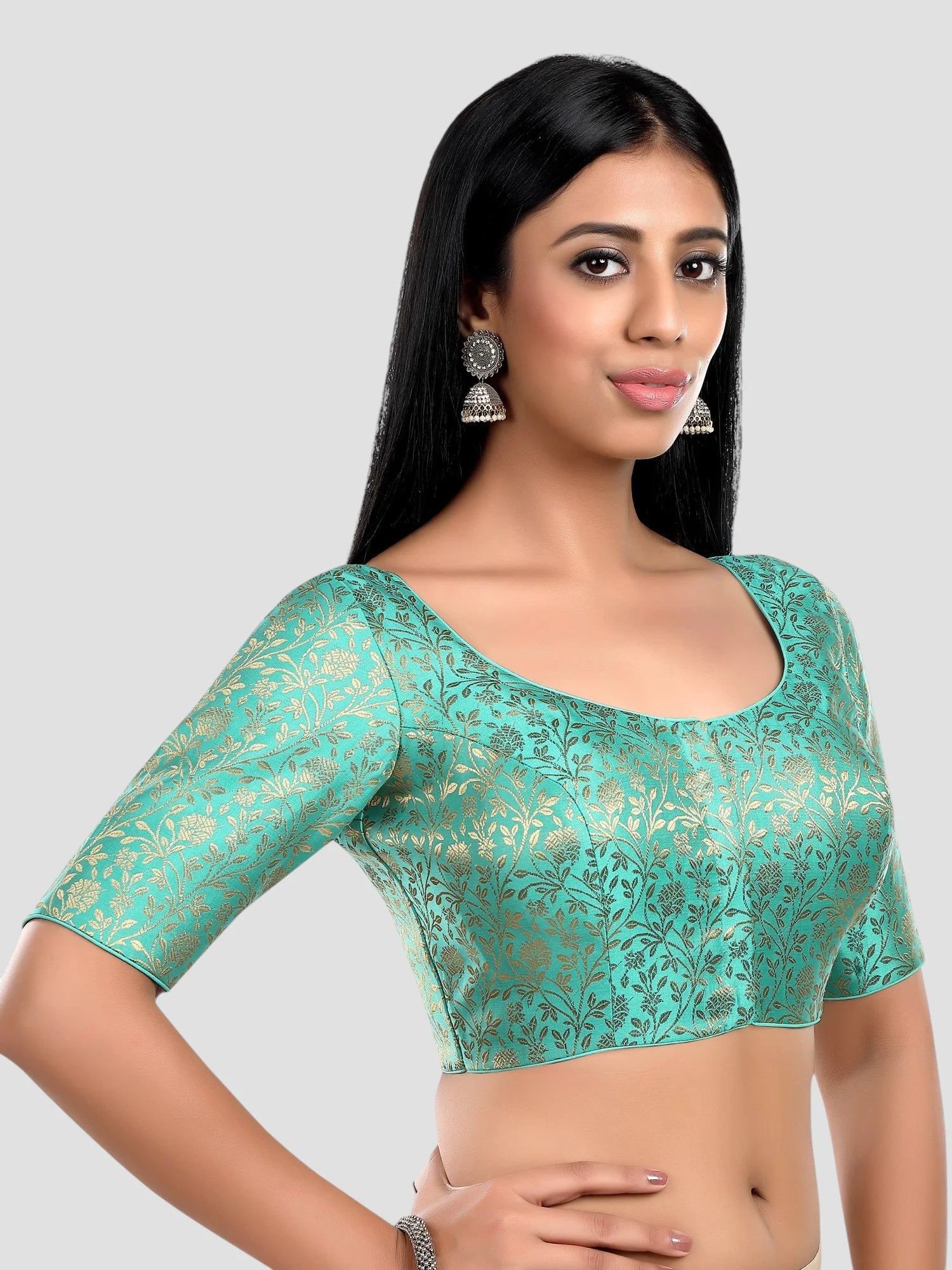 Pista Green Floral Print Brocade U Neck Half Sleeves Readymade Blouse