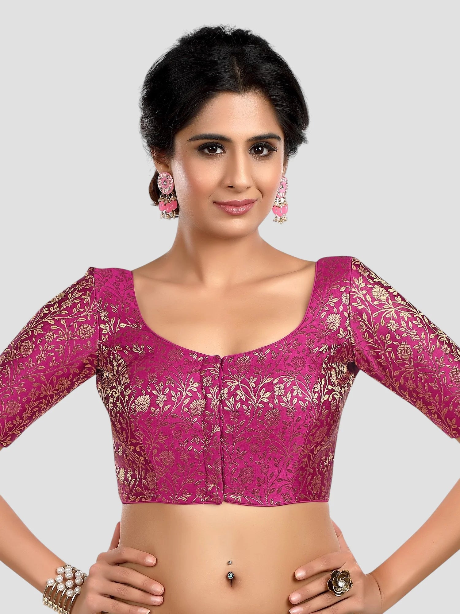 Purple Floral Print Brocade U Neck Half Sleeves Readymade Blouse