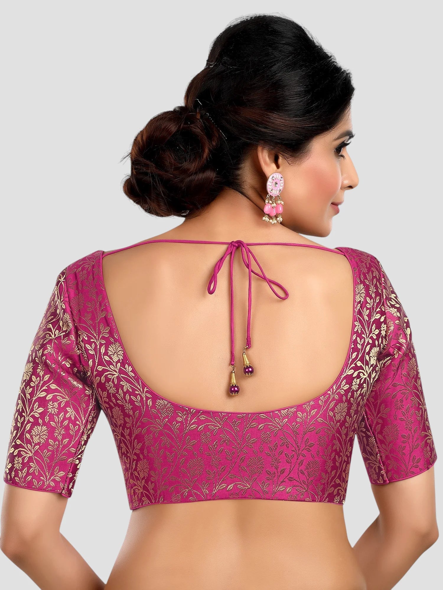 Purple Floral Print Brocade U Neck Half Sleeves Readymade Blouse