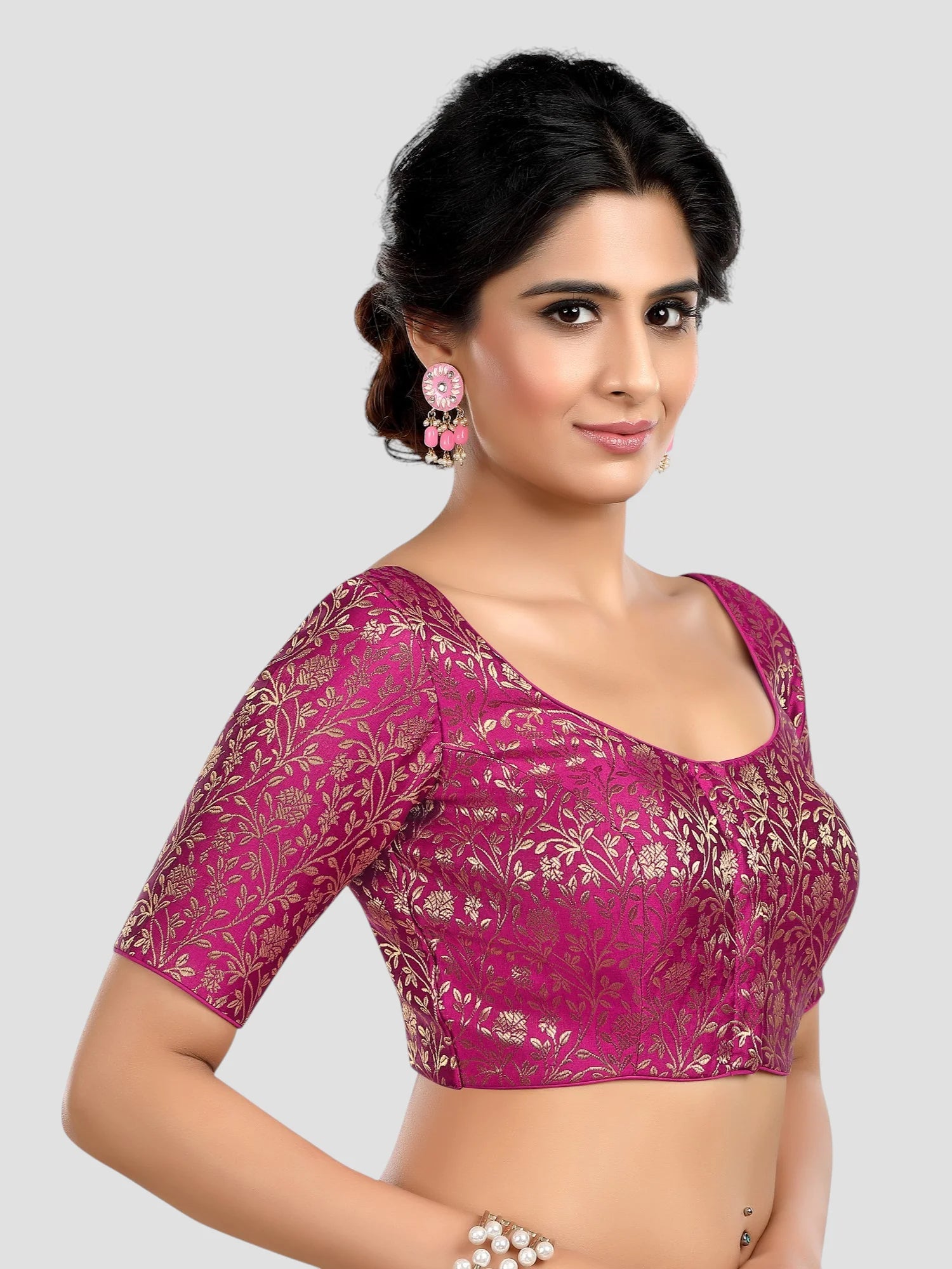 Purple Floral Print Brocade U Neck Half Sleeves Readymade Blouse