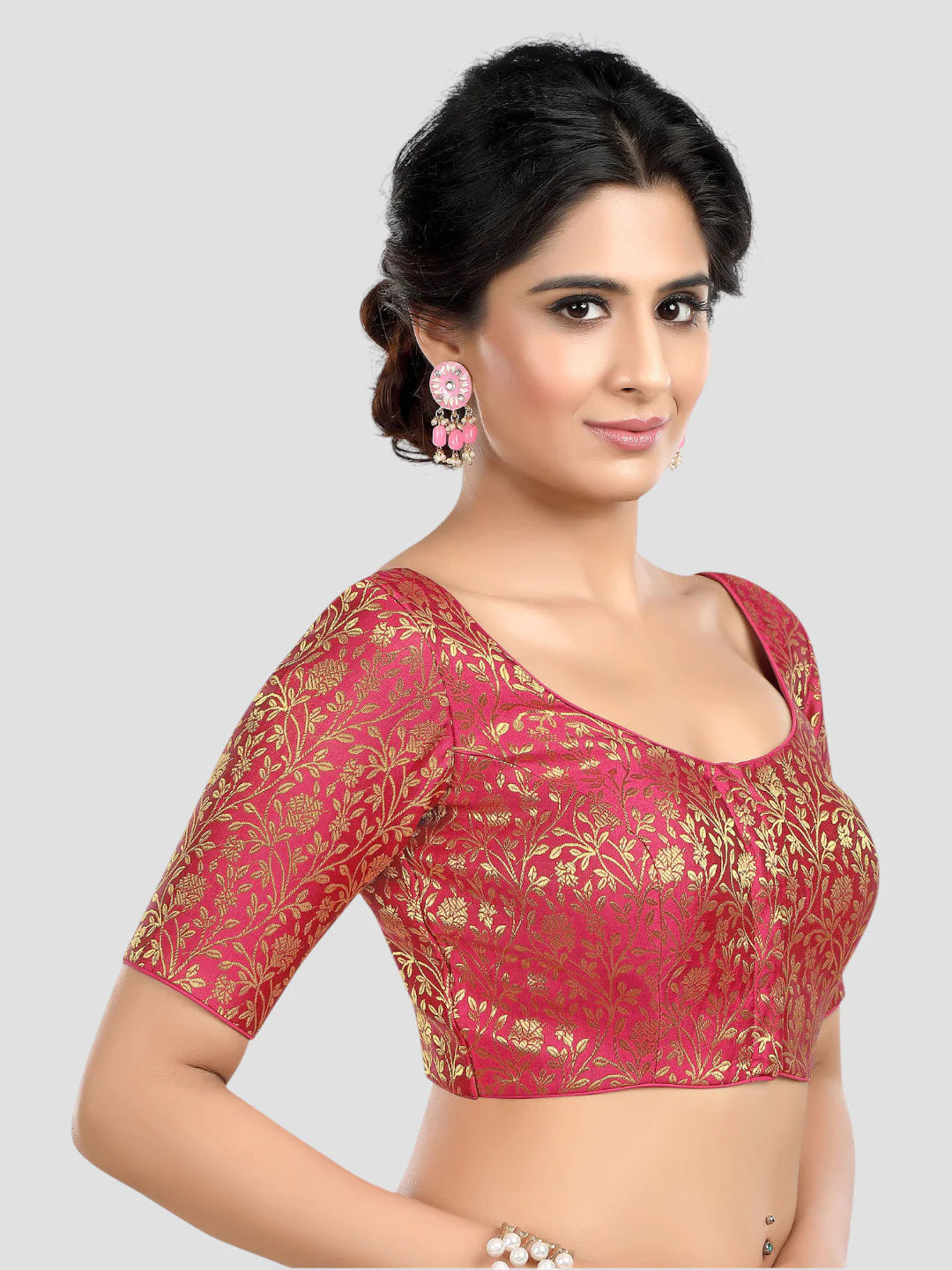 Rani Floral Print Brocade U Neck Half Sleeves Readymade Blouse