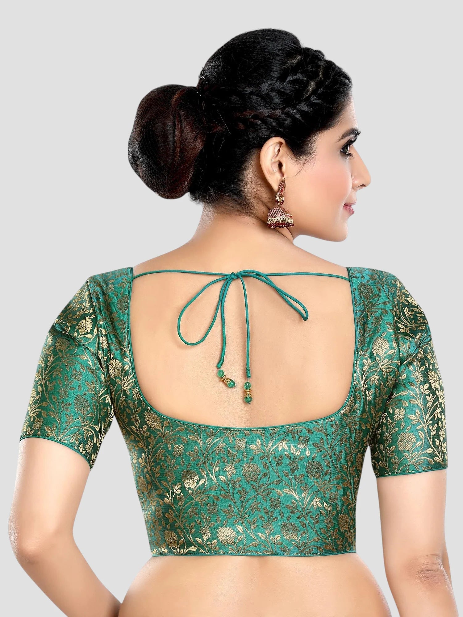 Rama Green Floral Print Brocade U Neck Half Sleeves Readymade Blouse