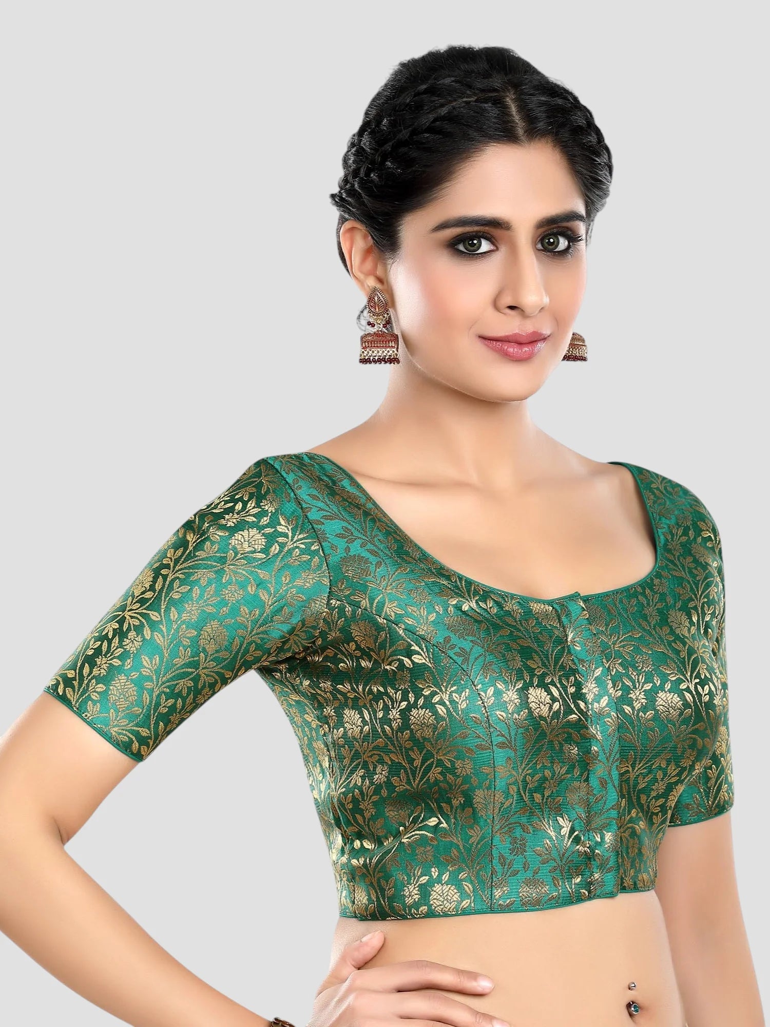 Rama Green Floral Print Brocade U Neck Half Sleeves Readymade Blouse