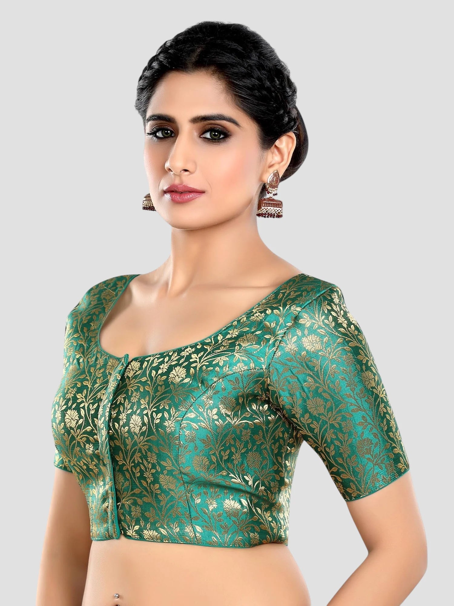 Rama Green Floral Print Brocade U Neck Half Sleeves Readymade Blouse