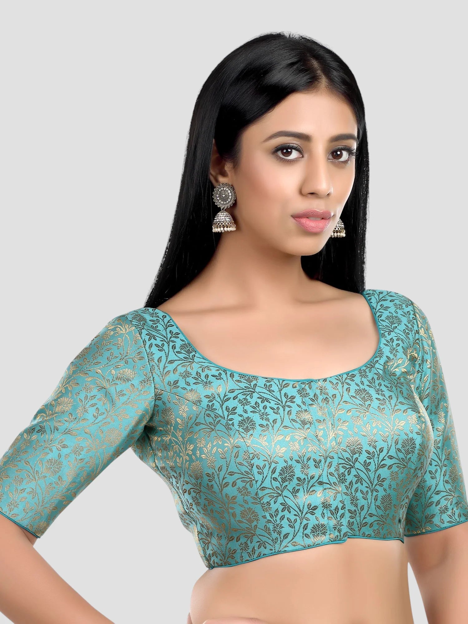 Sky Blue Floral Print Brocade U Neck Half Sleeves Readymade Blouse