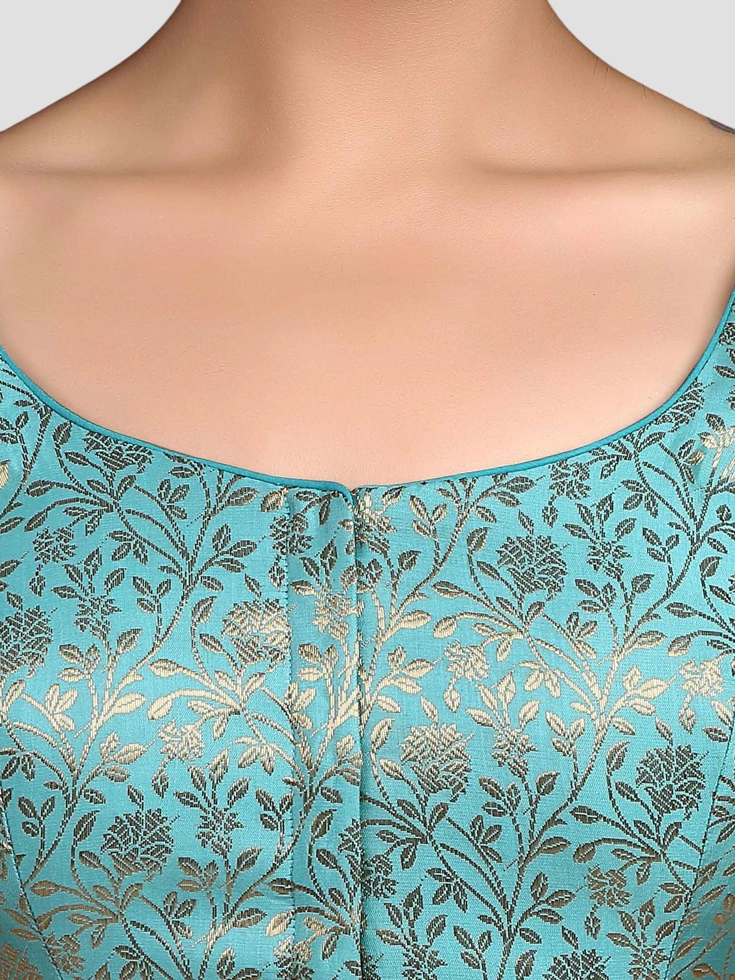 Sky Blue Floral Print Brocade U Neck Half Sleeves Readymade Blouse