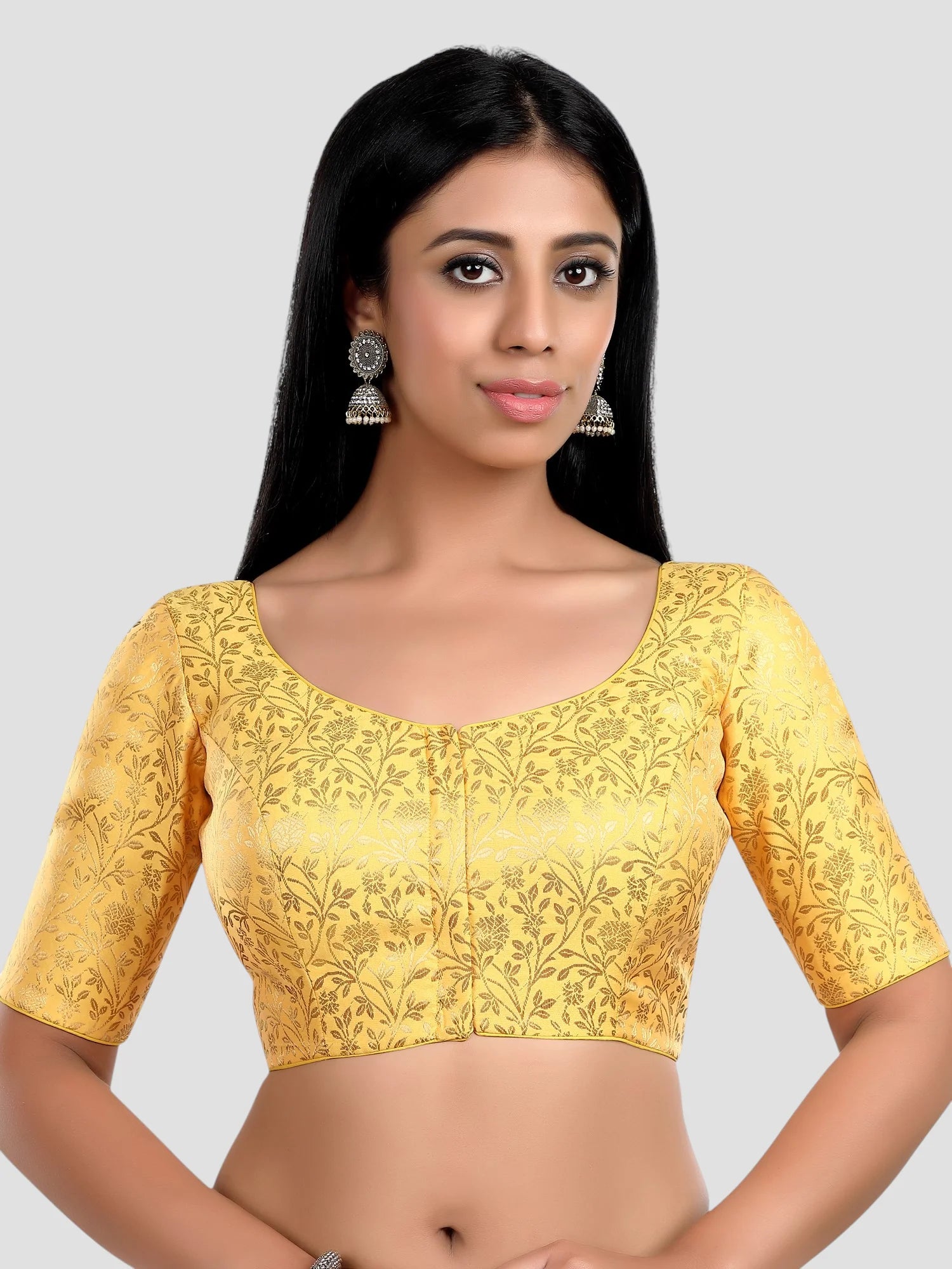 Yellow Brocade Floral Print U Neck Half Sleeves Readymade Blouse