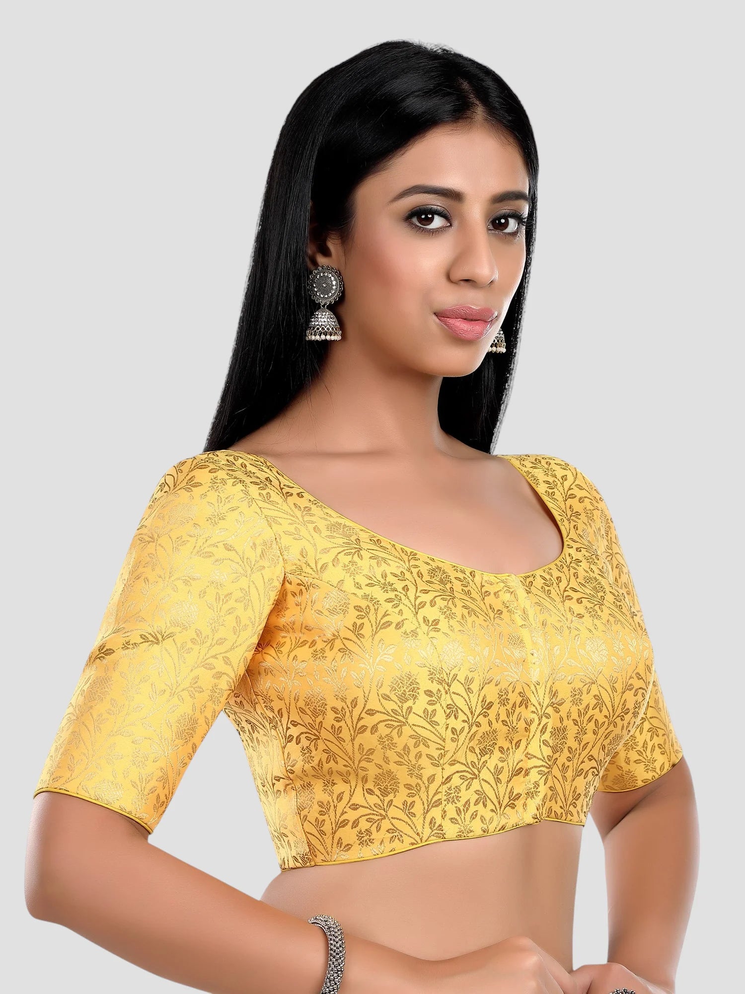 Yellow Brocade Floral Print U Neck Half Sleeves Readymade Blouse
