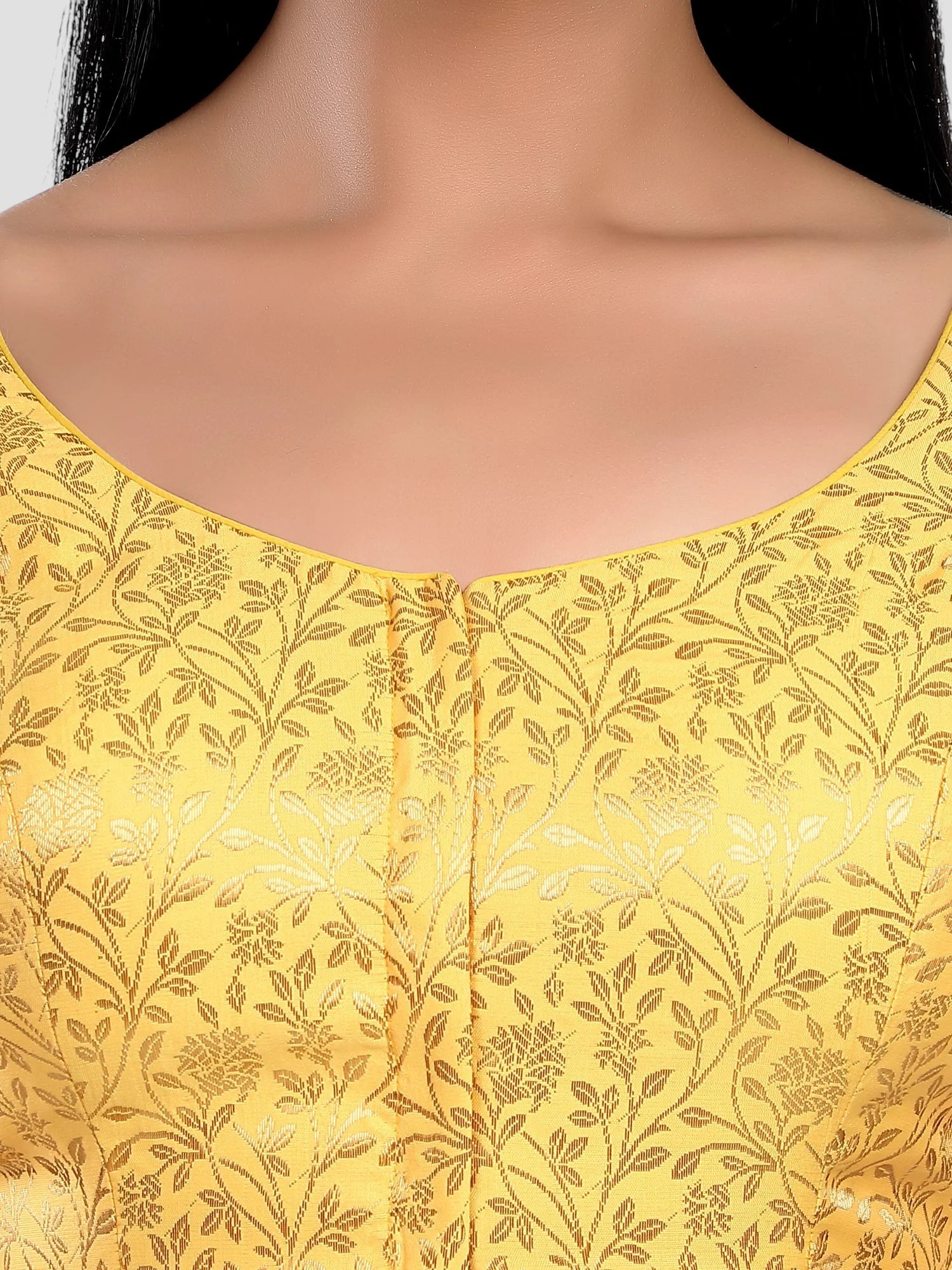 Yellow Brocade Floral Print U Neck Half Sleeves Readymade Blouse