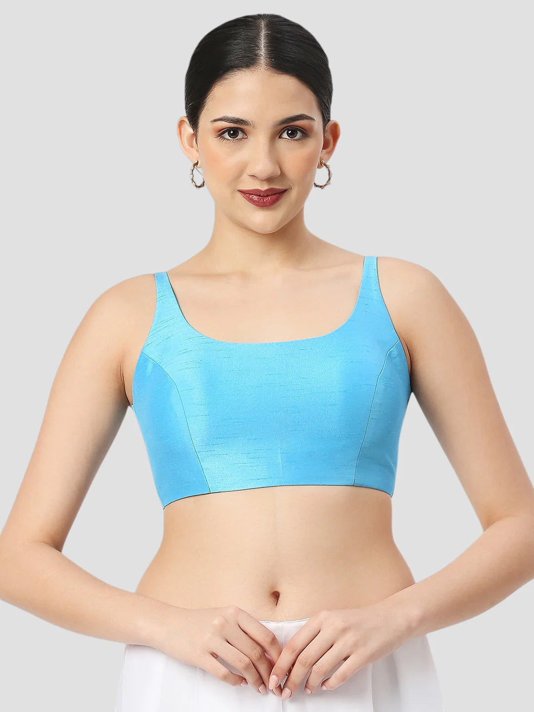 Sky Blue Silk Round Neck Sleeveless Readymade Blouse