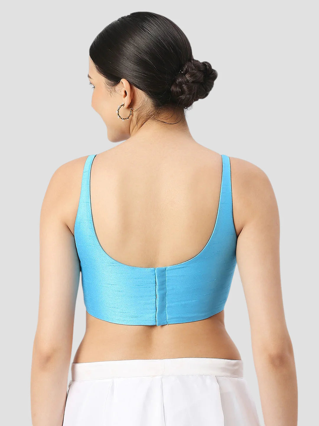 Sky Blue Silk Round Neck Sleeveless Readymade Blouse