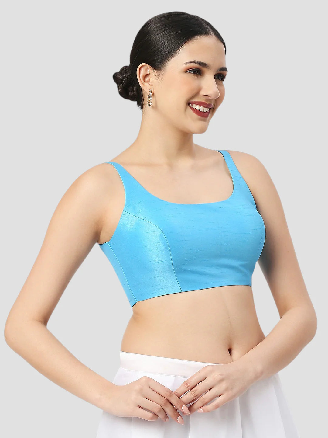 Sky Blue Silk Round Neck Sleeveless Readymade Blouse