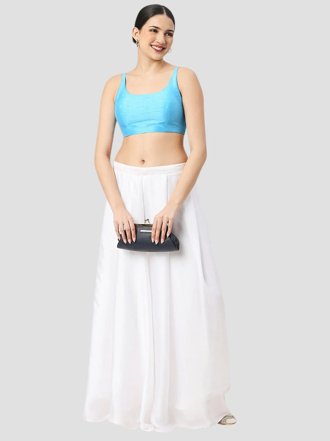 Sky Blue Silk Round Neck Sleeveless Readymade Blouse