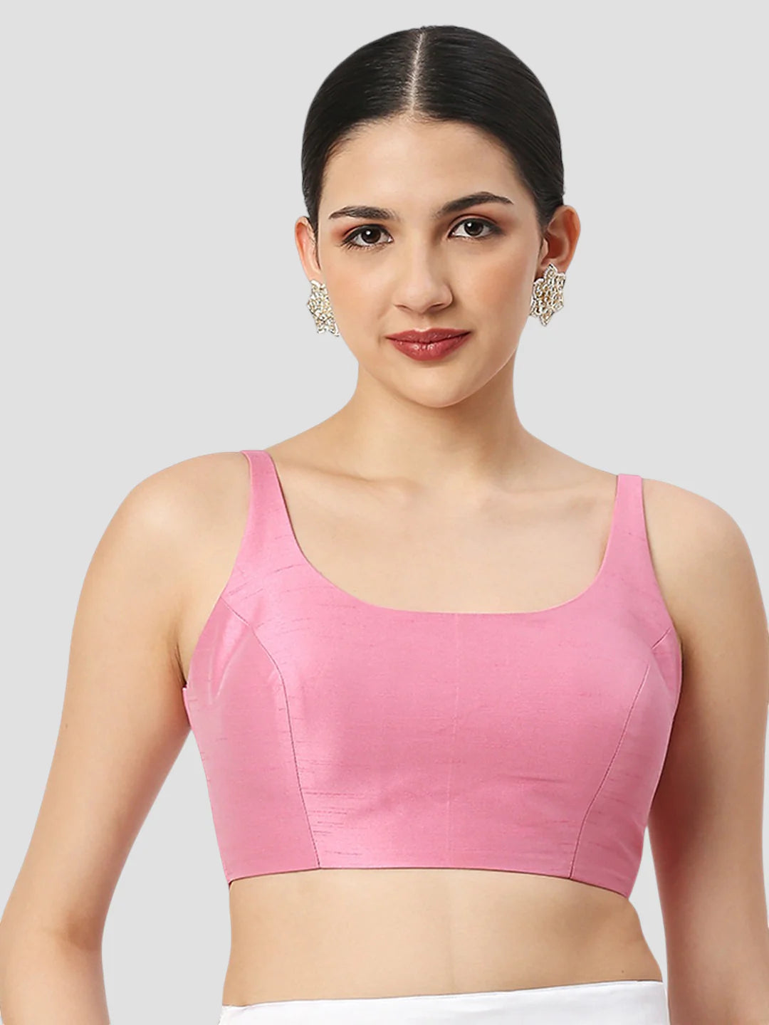 Pink Silk Round Neck Sleeveless Readymade Blouse
