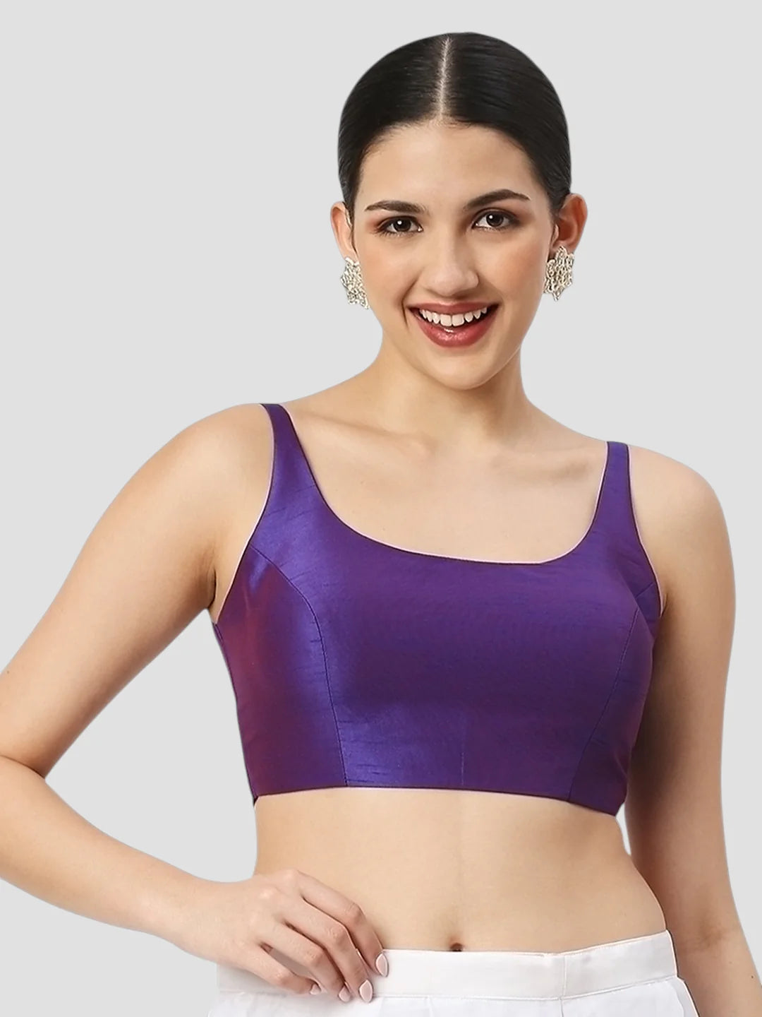 Purple Silk Round Neck Sleeveless Readymade Blouse