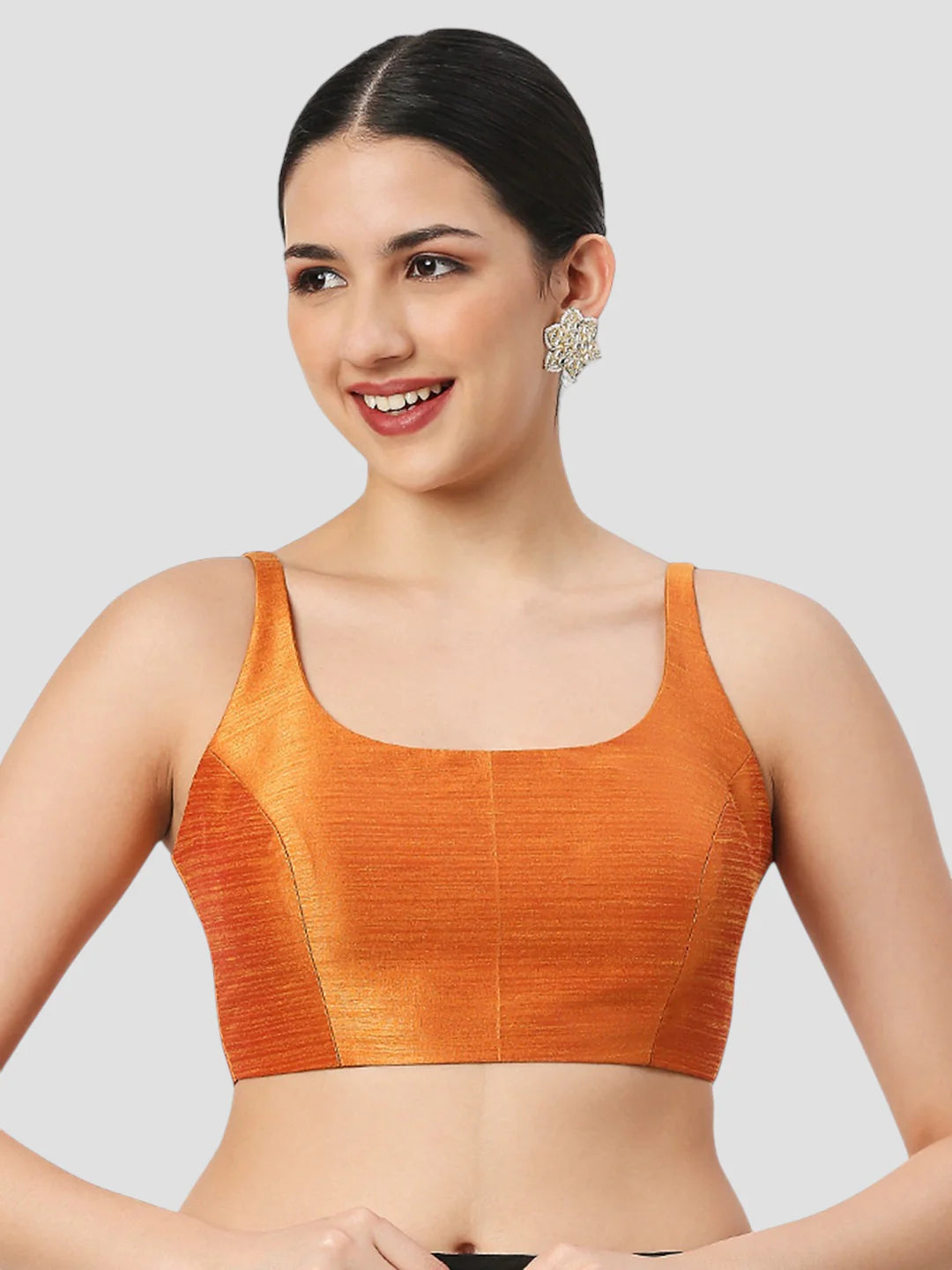 Orange Silk Round Neck Sleeveless Readymade Blouse