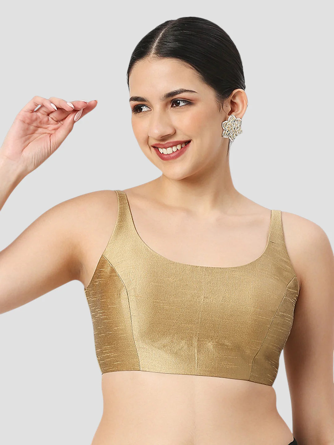 Dark Gold Silk Round Neck Sleeveless Readymade Blouse