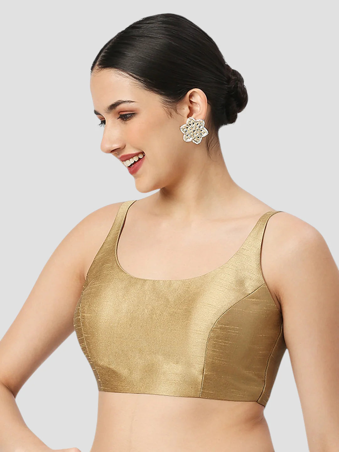 Dark Gold Silk Round Neck Sleeveless Readymade Blouse