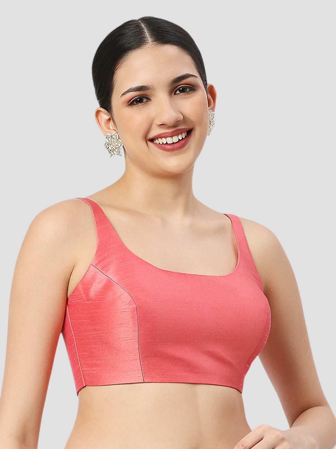 Peach Silk Round Neck Sleeveless Readymade Blouse