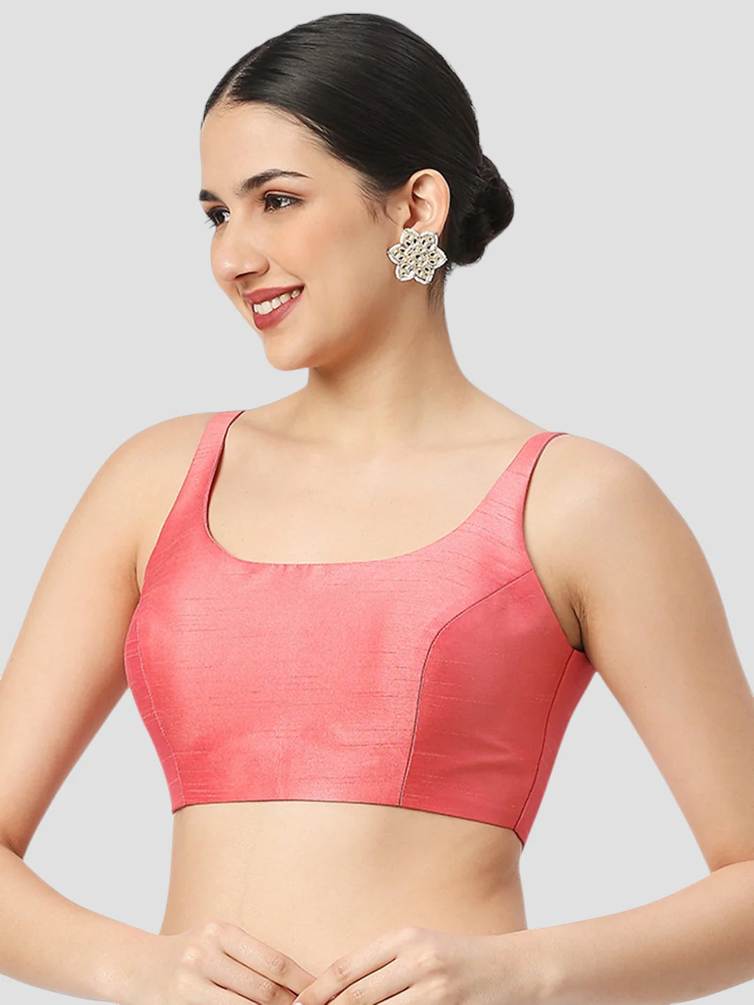 Peach Silk Round Neck Sleeveless Readymade Blouse