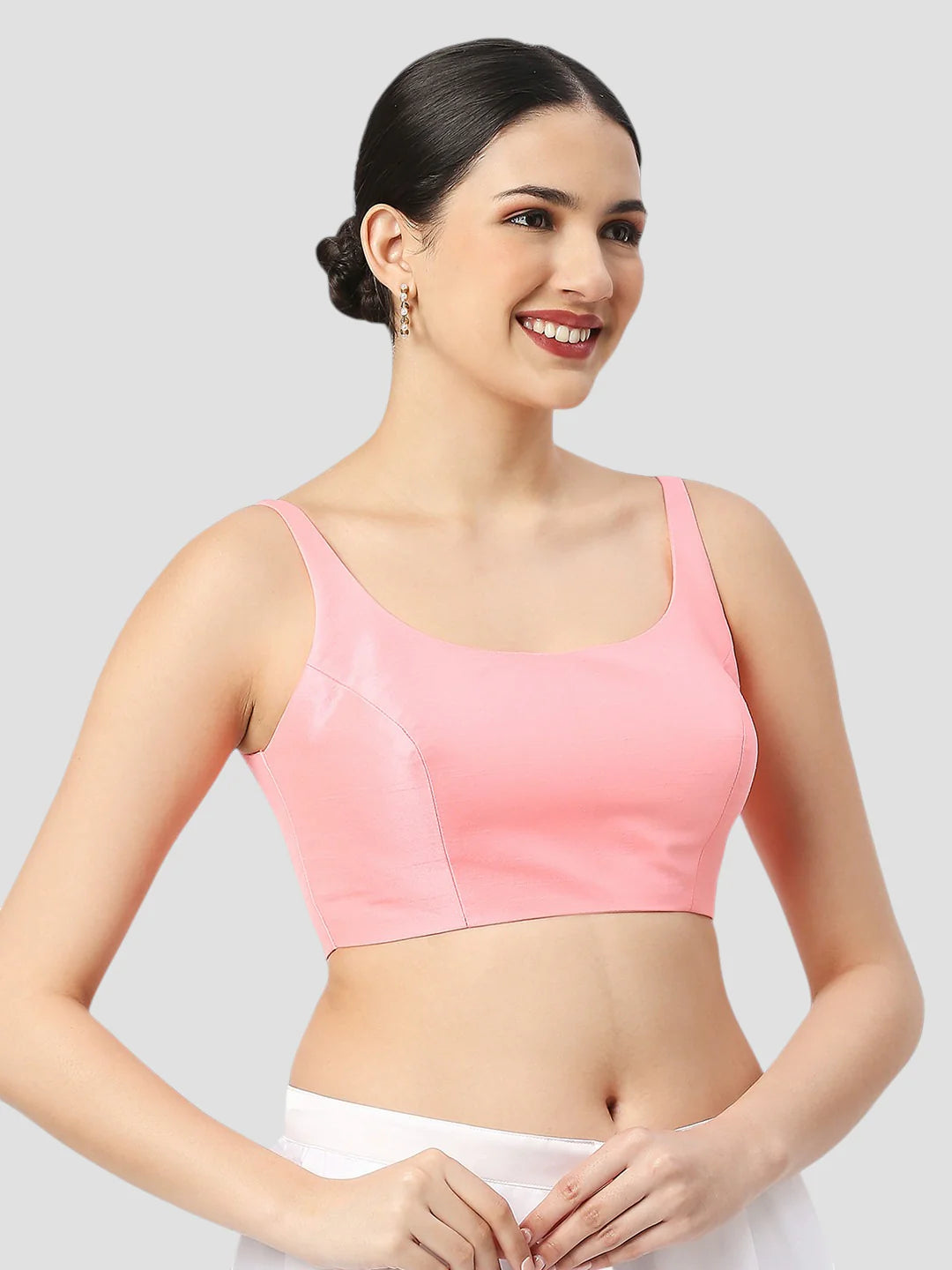 Baby Pink Silk Round Neck Sleeveless Readymade Blouse