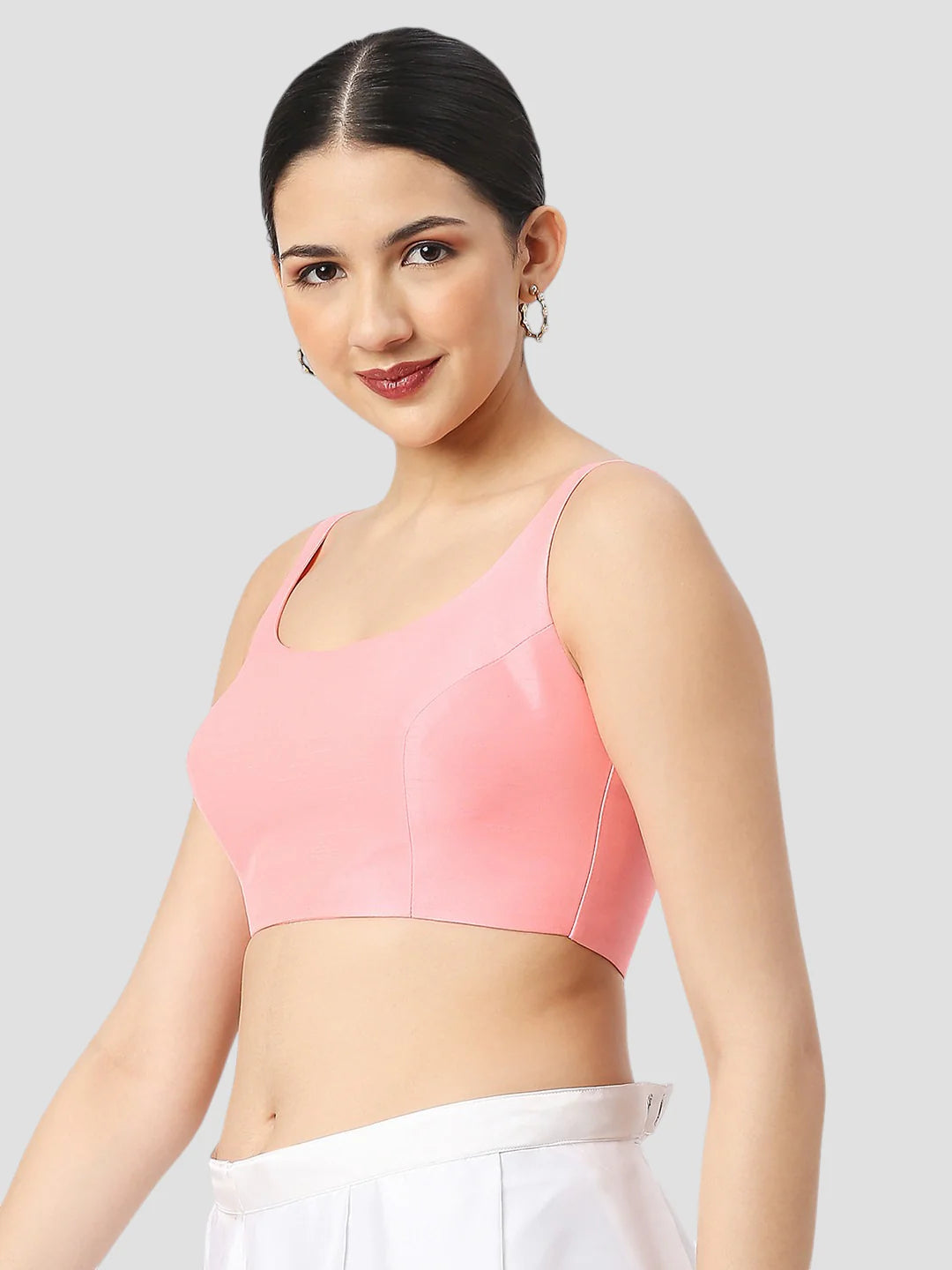 Baby Pink Silk Round Neck Sleeveless Readymade Blouse
